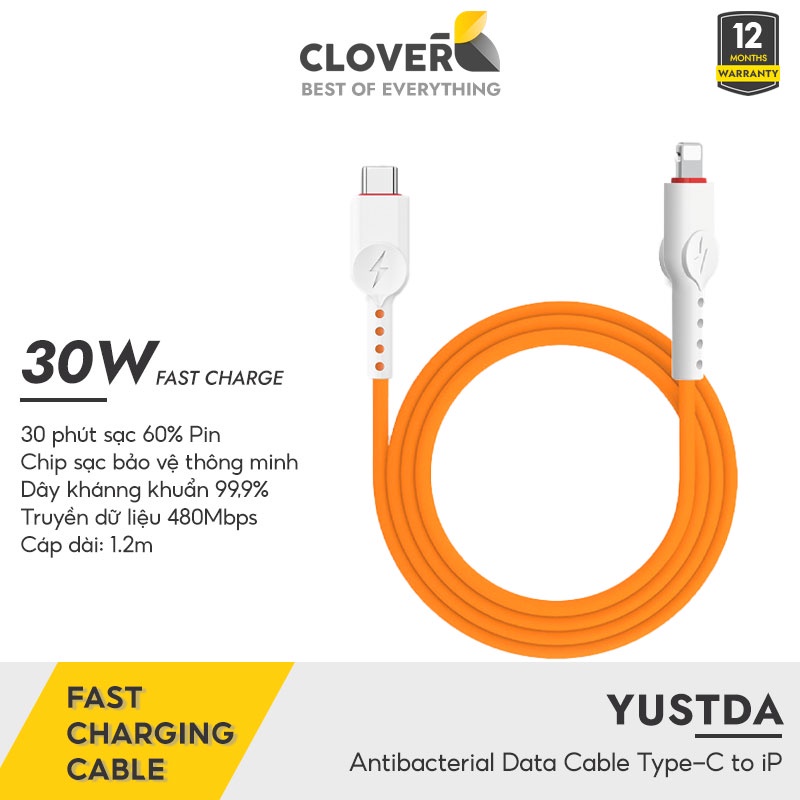 Dây Sạc Nhanh 27W Yustda CloverB Siêu Bền Chống Đứt Gãy Kháng Khuẩn Chip Sạc Thông Minh Không Nóng Bảo Vệ Pin Cho iP 13