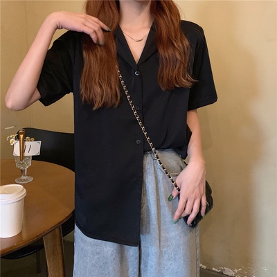 Áo sơ mi nữ tay ngắn màu đen - taobao có sẵn