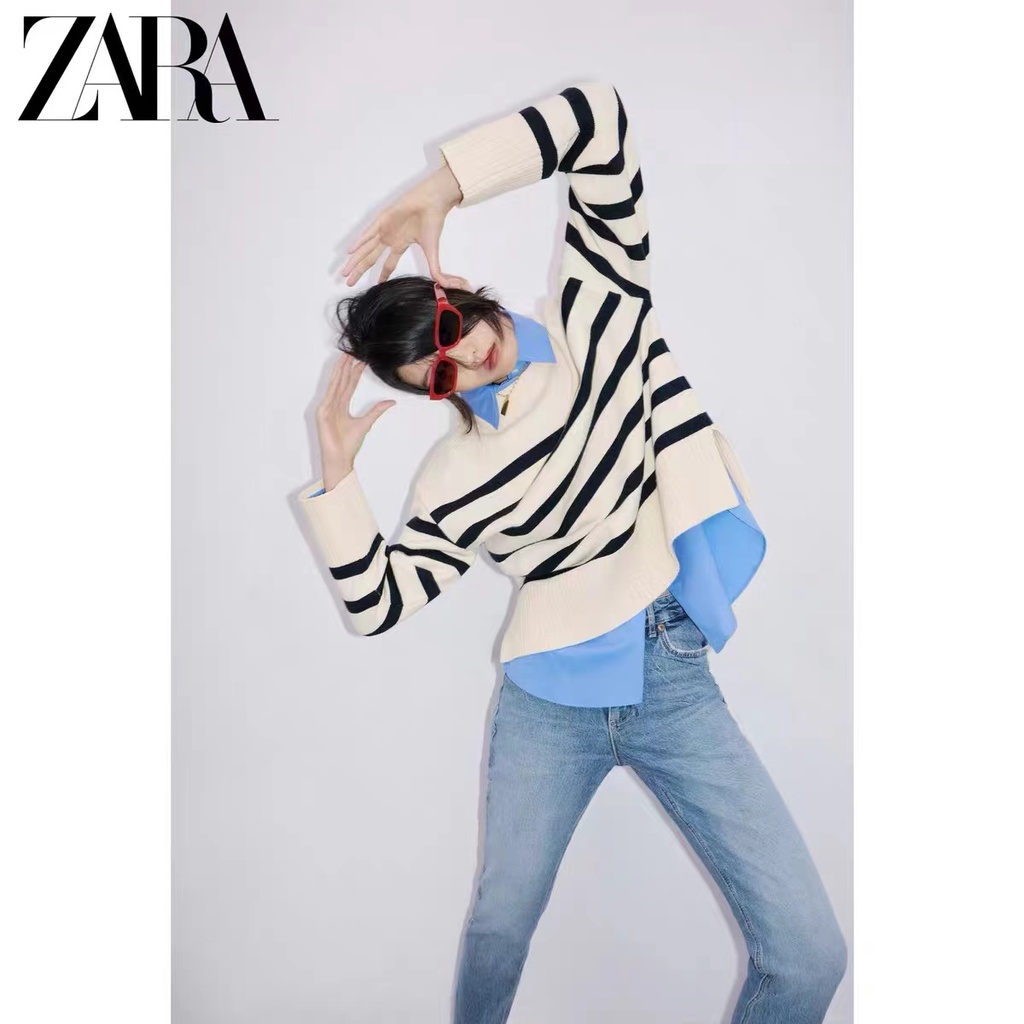 Zara Áo sweater Dệt Kim Kẻ Sọc Thời Trang Mùa Đông Cho Nữ
