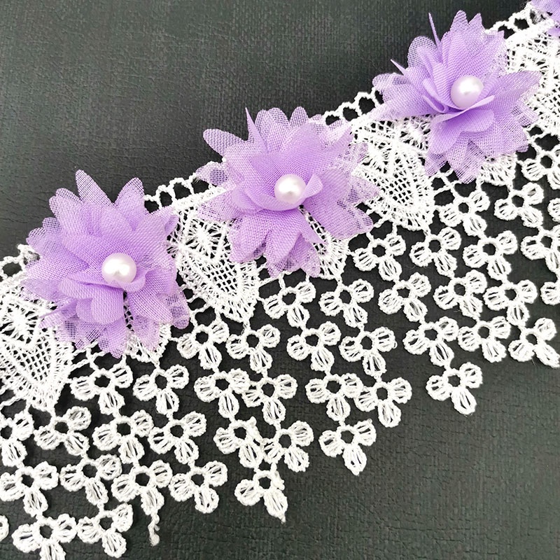 Cuộn Dây Ren Hoa Đính Ngọc Trai Giả Dài 1 Yard 8cm Dùng Để Trang Trí Quần Áo DIY