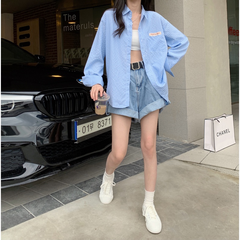 SUXI Áo Sơ Mi Dài Tay Chống Nắng Họa Tiết Ca Rô Thời Trang Dành Cho Nữ