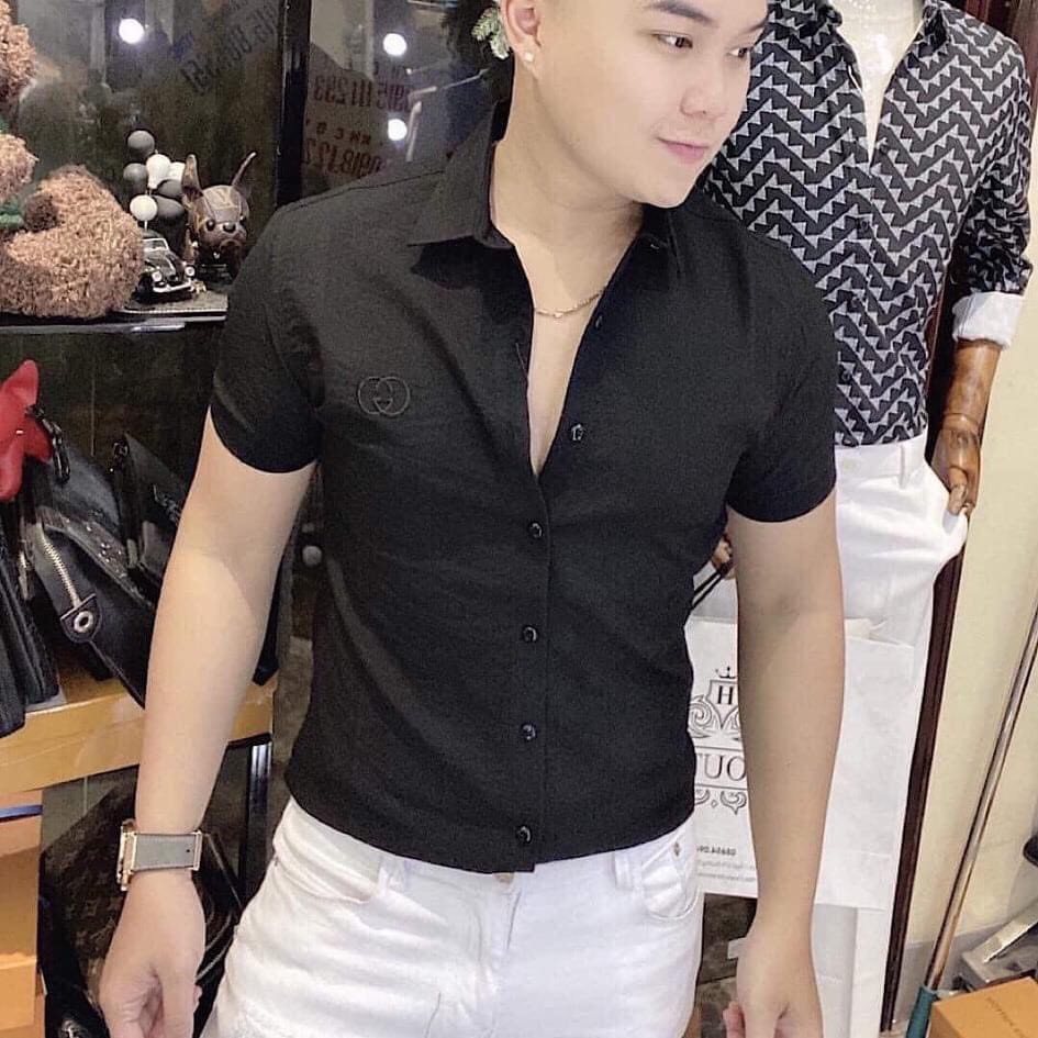 Áo sơ mi Nam Nữ ⚡ ĐỦ SIZE 40-80 KG ⚡ Áo sơ mi đũi cộc tay Gucci thêu logo