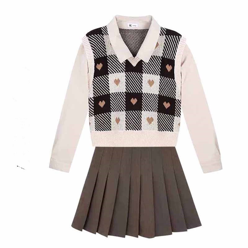 Áo Dệt Kim Sát Nách Dáng Rộng Cổ Chữ V Kẻ Sọc Ca Rô Giả Nhiều Lớp Thời Trang Mùa Thu Cho