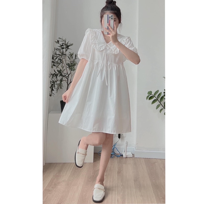 Váy bbd cổ sen đắp ren tay bồng dáng ngắn