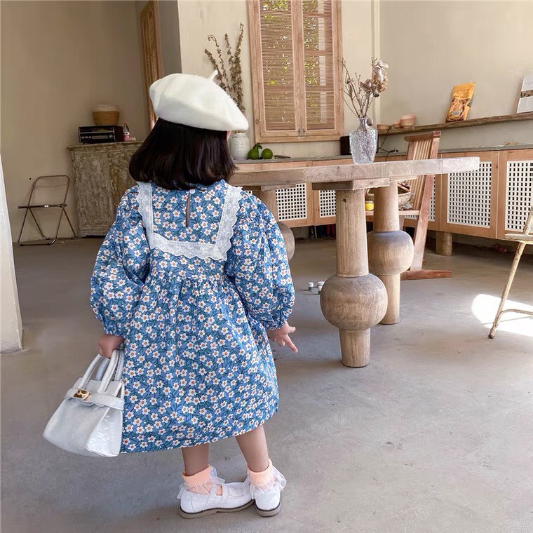 Đầm Thu Đông Cho Bé Gái Hml (10-40KG)  Hoa Nhí Ren Vuông, Váy Trẻ Em Thu Đông 1,2,3,4,5,6,7,8,9,10 Tuổi Size Đại Mã A40