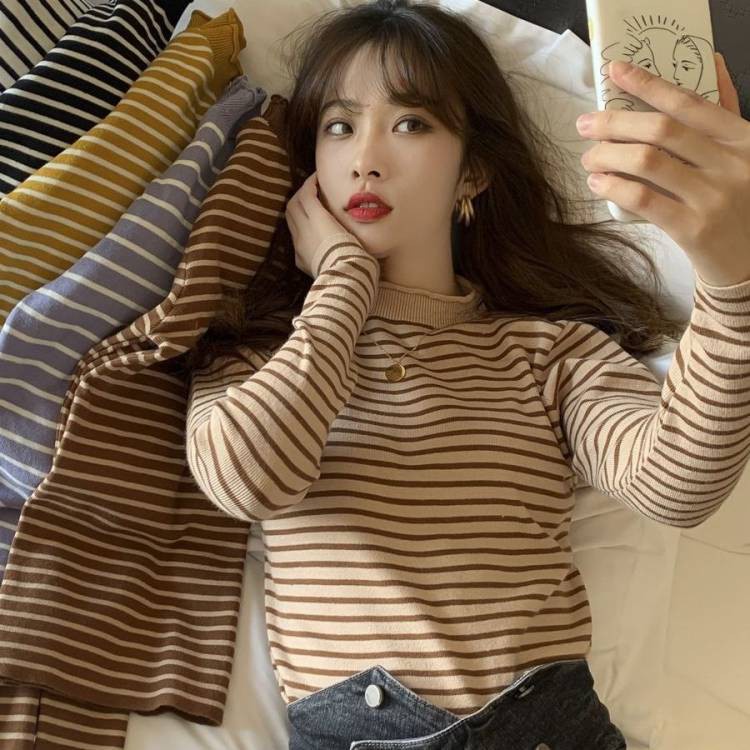 Áo Sweater Dệt Kim Cổ Lọ Dáng Rộng Họa Tiết Kẻ Sọc Thời Trang Thu Đông Phong Cách Phương Tây Cho Nữ