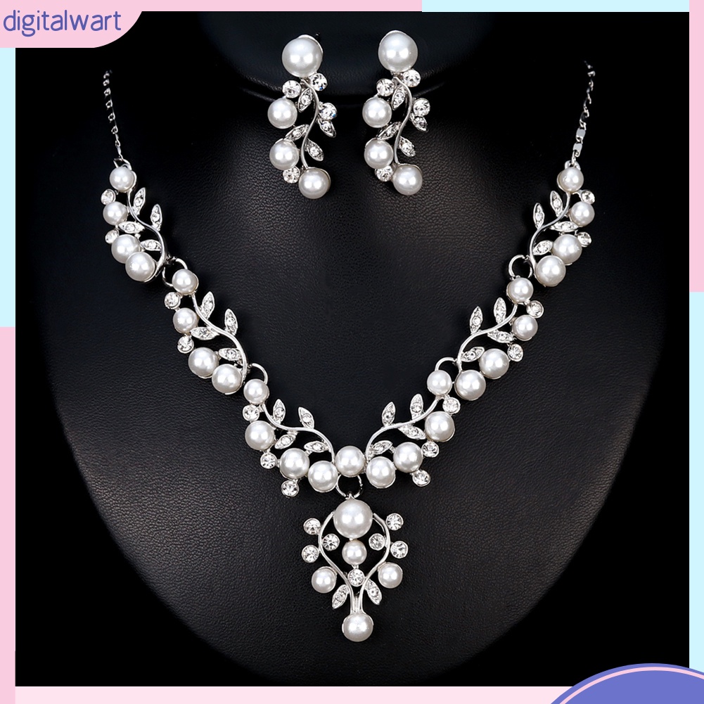 Bộ Vòng cổ + Bông Tai Hình Chiếc Lá Đính Kim Cương Giả &amp; Ngọc Trai Giả Cho Nữ