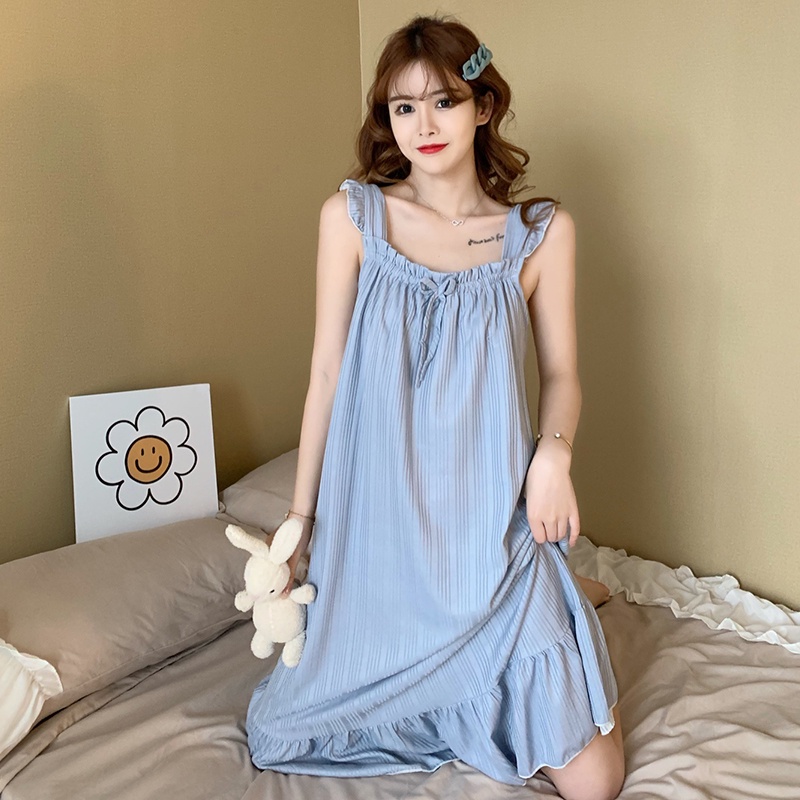 Đầm Ngủ Lụa Hai Dây Màu Trơn Họa Tiết Kẻ Sọc Dễ Thương Dành Cho Bạn Nữ Mặc Ở Nhà