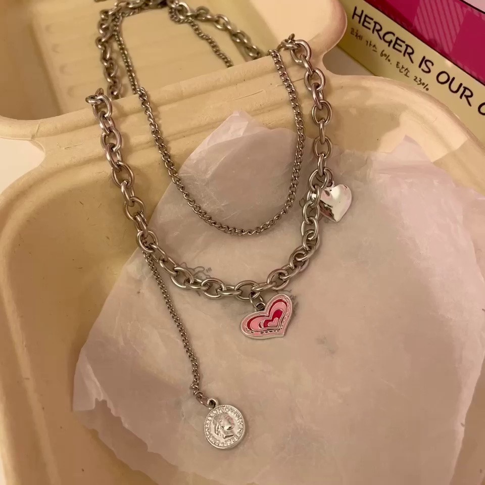 Vòng cổ Hai Lớp Mặt Hình Trái Tim Màu Hồng Phong Cách Nhật Bản Và Hàn Quốc Thiết Kế niche Cá Tính ins