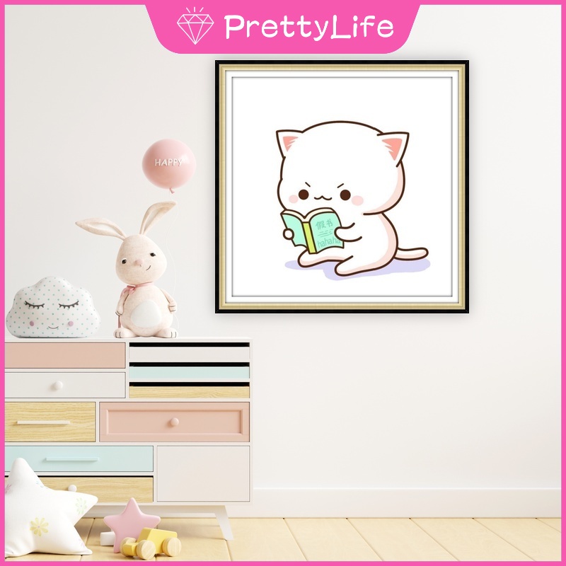 Bộ Tranh Đính Đá 5D Tự Làm 30x30cm / 40x40cm / 50x50cm Hình Mèo Đào Dễ Thương