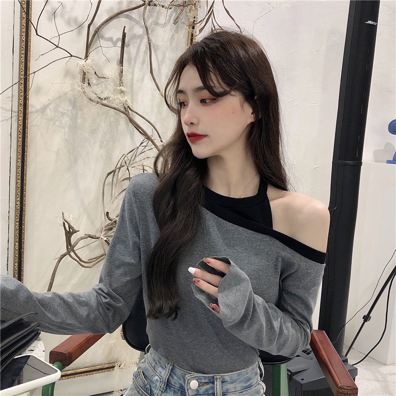 Áo thun ZHELIHANGFEI tay dài hở vai giả hai lớp phong cách quyến rũ tùy chọn màu sắc