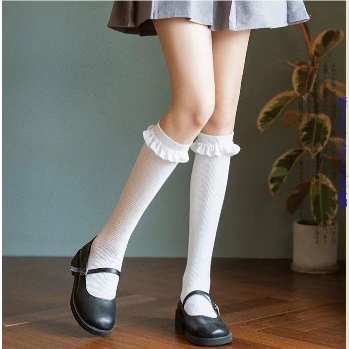 Vớ Cotton Phối Ren Mỏng Màu Trắng Đen Phong Cách Học Sinh lolita