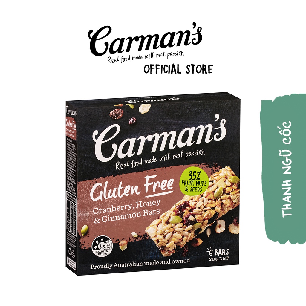 Thanh Ngũ Cốc Dinh Dưỡng Carman's Không Gluten Vị Cranberry, Honey &amp; Cinnamon  - Super Foods Bars Hộp 6×35g