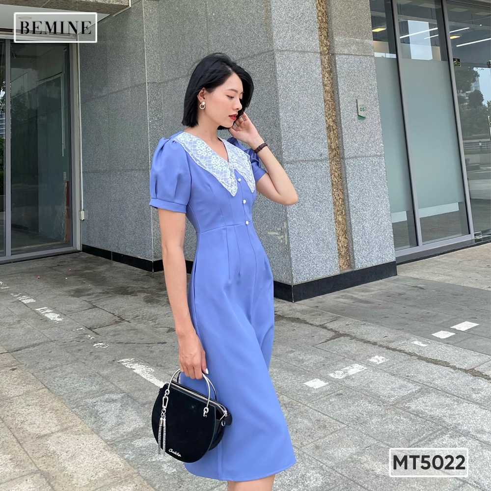 Đầm trơn cổ ren đính hạt BEMINE MT5022XANHLAM