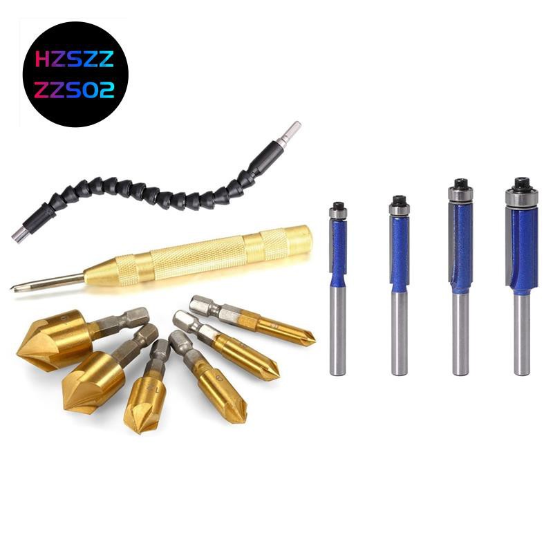 1set Countersink Drill Bits Center Punch Tool Set & 4 Pieces of Woodworking Trimming  1/4 Shank Bit