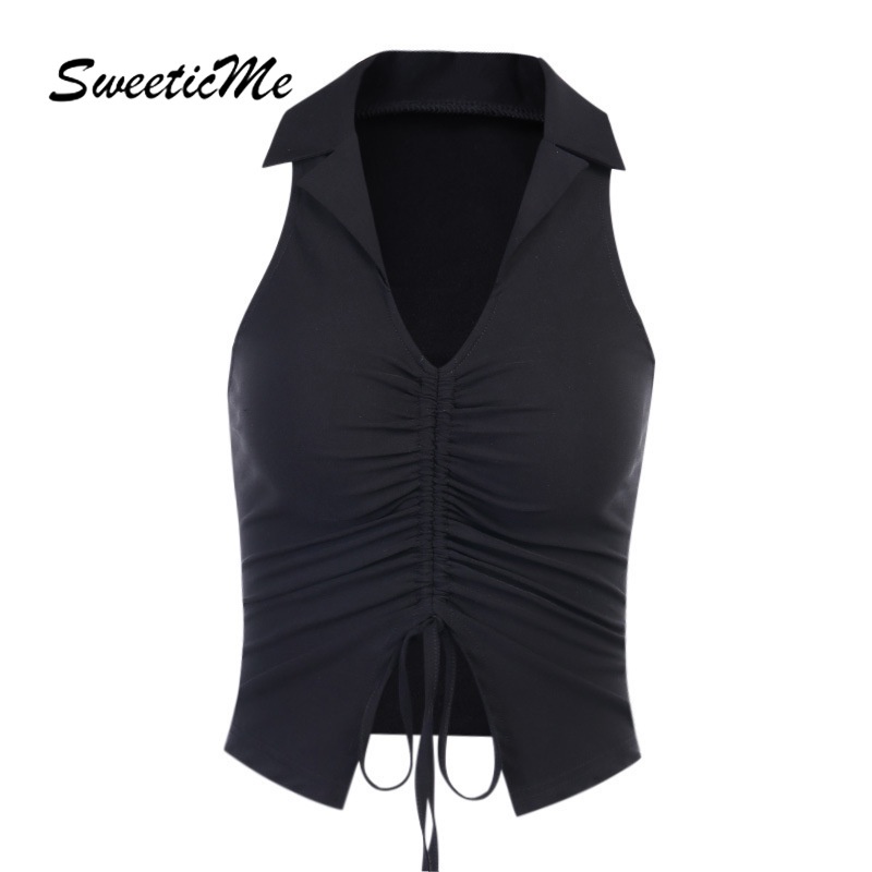 SweeticMe Women's 2021 New Drawstring Lapel Lapel Sleeveless Vest