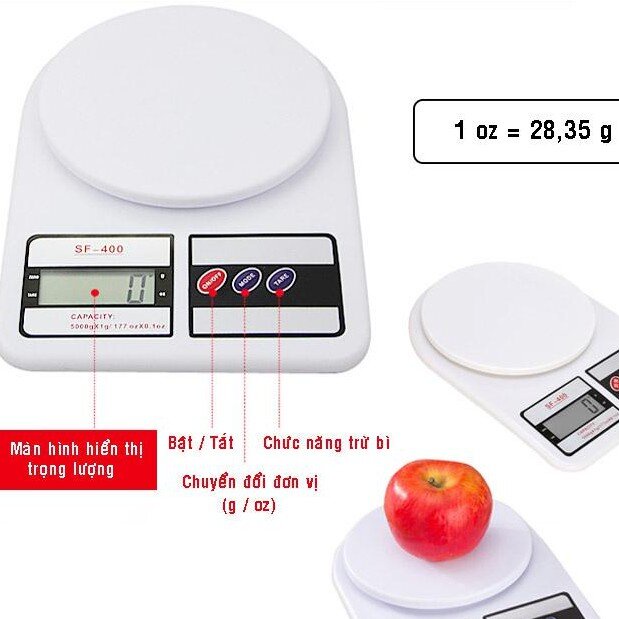 CÂN TIỂU LY ĐIỆN TỬ NHÀ BẾP ĐỊNH LƯỢNG SF-400 DÙNG PIN MAX 7KG MÀN HÌNH LCD 3 NÚT CHỨC NĂNG