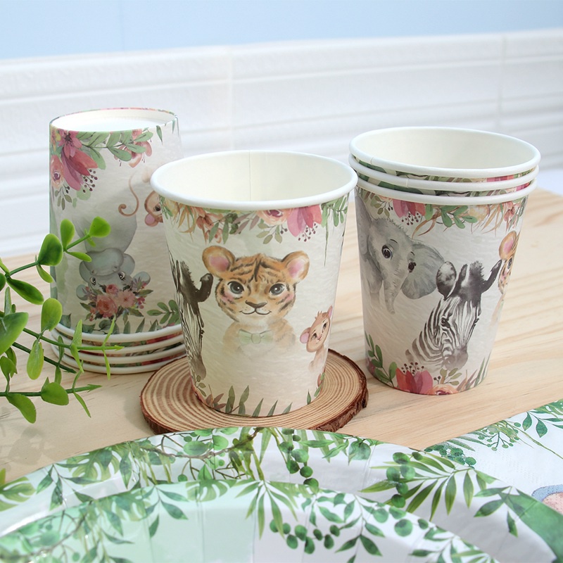 Bộ 25 Dụng Cụ Ăn Và Đĩa Giấy In Họa Tiết Động Vật Rừng Xanh Cho Em Bé