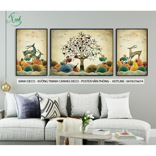 Bộ 3 tranh canvas gia đình hươu vitage tặng đinh treo tranh