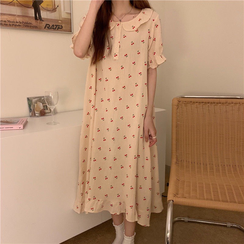 Váy ngủ - đầm dài qua gối vải xô muslin cao cấp mềm mại, tay ngắn phồng đáng yêu, họa tiết xinh xắn