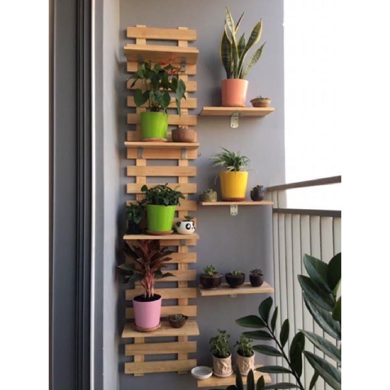 Kệ treo tường trang trí nhà cửa ban công chung cư 200x40 cm và 8 thanh ngang kết hợp GREEN HOME
