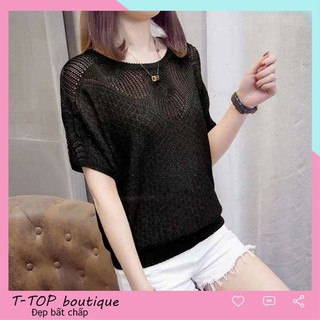 Áo nữ chất len cổ phối ren, áo len cộc tay bo chun