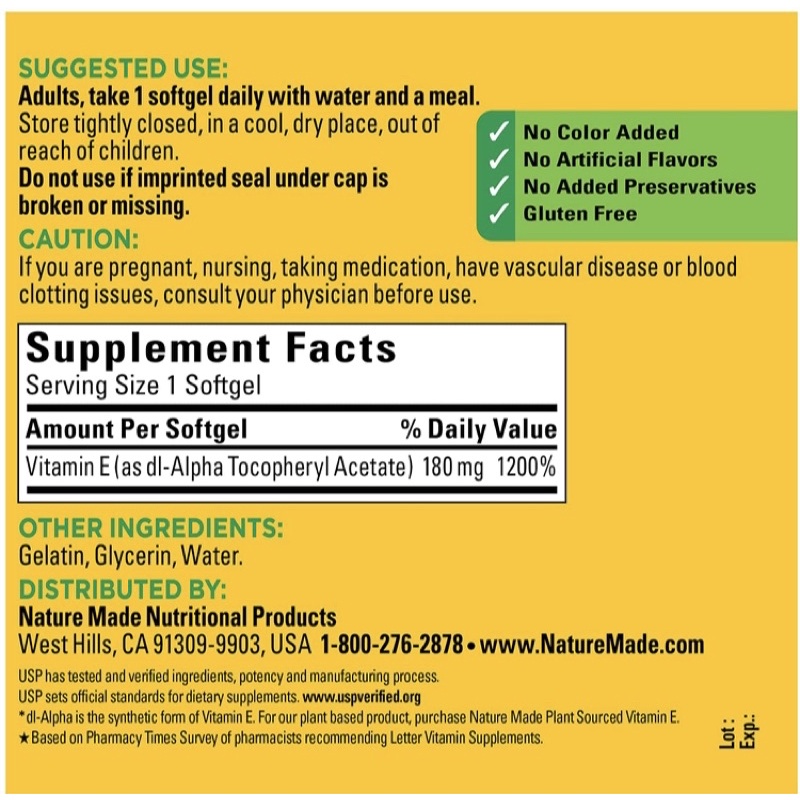 Viên uống vitamin E Nature Made 180mg(400IU) 300 viên USA