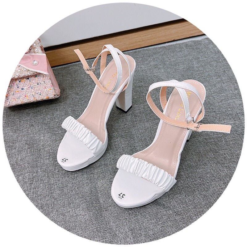 Giày cao gót- Giày sandal cao 12cm gót vuông mũi tròn quai nhún ngang da lì