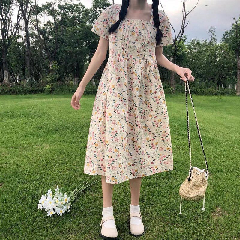 Váy hoa nhí - váy babydoll ulzzang hoa nhí xếp ly ngực ( màu hoa be một màu)