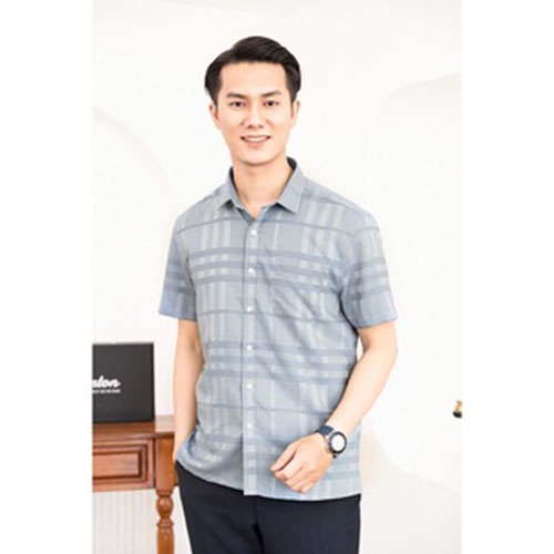 Áo Sơ Mi Nam Công Sở Trung Niên Thương Hiệu Anton Ghi Xám Kẻ Sọc Ngang Ngắn Tay – XNT202