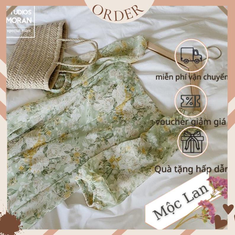 (MộcLan ORDER) Váy MORAN voan hoa xanh cổ vuông nhẹ nhàng tiểu thư sang trọng kiểu Pháp xòe dài | BigBuy360 - bigbuy360.vn