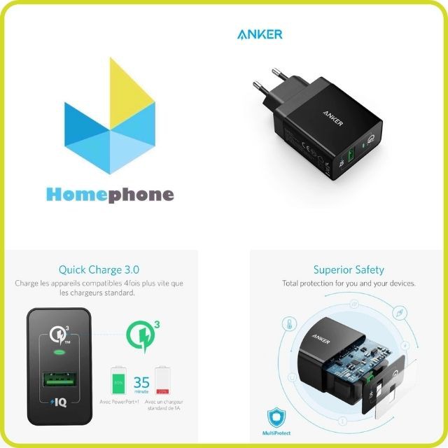 Sạc Nhanh Anker quick charge 3.0 18w PowerPort+1 và Power IQ chuẩn EU, Cổng Ra USB, Chân Tròn