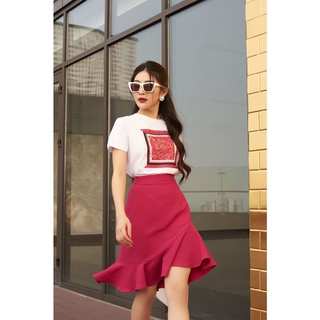 Chân váy bèo nhún bất đối xứng màu hồng | NEVA 22S2W300498T021