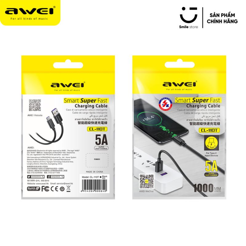Dây Cáp Sạc Nhanh Type C AWEI CL-110T 5A Cho Xiaomi / Samsung / Oppo / Vsmart / Realme Và Thiết Bị Android Khác