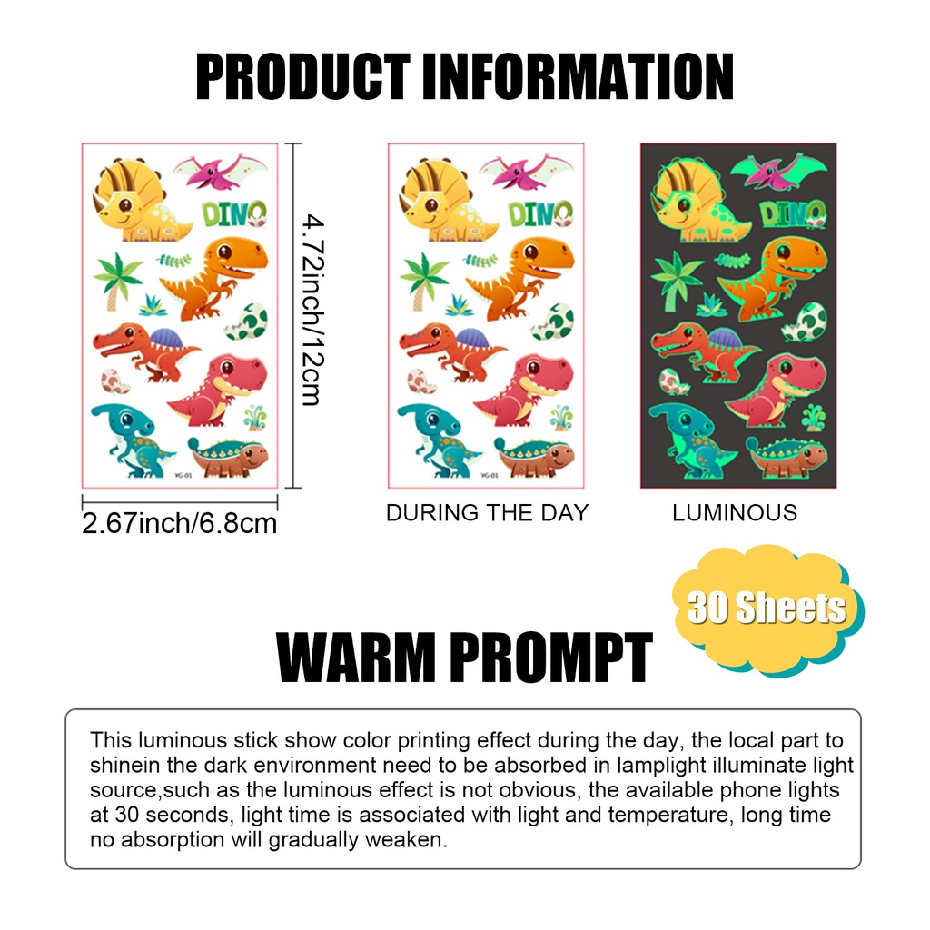 Set 5 tấm hình xăm dán dạ quang chống nước in hình khủng long cho bé