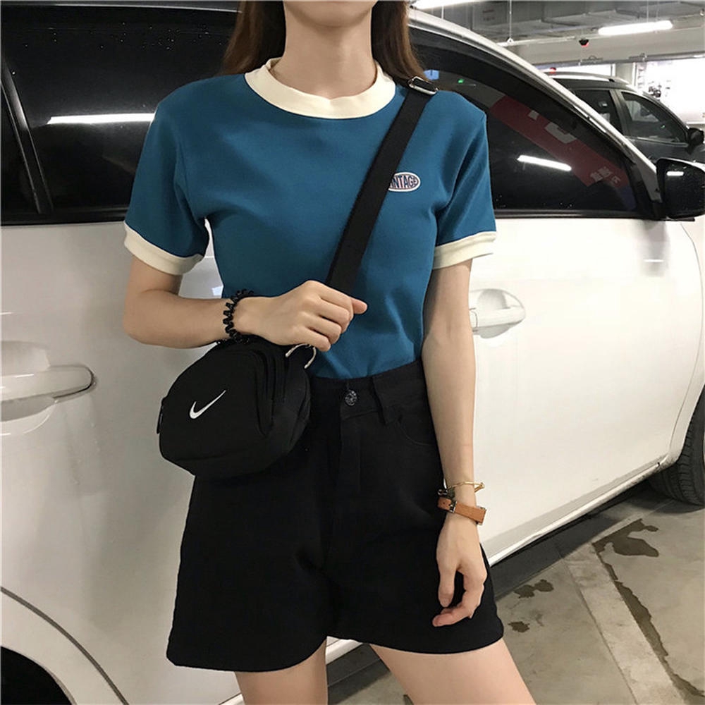 Áo Thun cotton Croptop Ngắn Tay In Họa Tiết Tương Phản Cá Tính - 27220