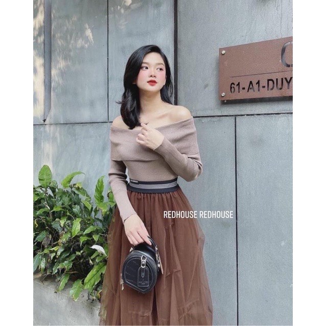 ÁO LEN TĂM DÀI TAY TRỄ VAI NGANG BẢN TO - Áo Trễ Vai Gấp Nữ Trơn Ôm Body 3 Màu Basic ĐEN | BE | NÂU Bệt Vai Hàn Ulzzang