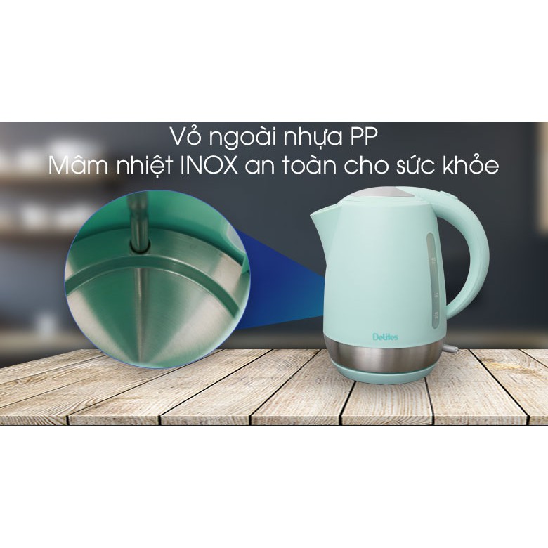 Bình siêu tốc Delites 1.7 lít ST17P03 Xanh - trưng bày , Mâm nhiệt bằng inox bền bỉ, an toàn, dễ làm sạch khi bám