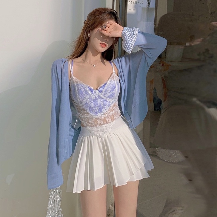 Set áo hai dây + áo khoác cardigan + chân váy ngắn phối ren quyến rũ thời trang cho nữ