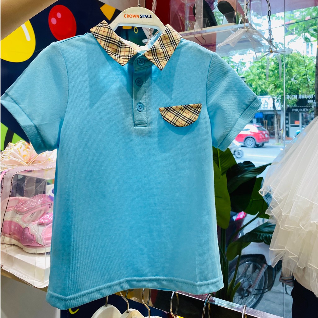 Áo phông bé trai có cổ màu xanh Crown Kids Fashion TShirt CKBS2101009.B vải cotton thoáng mát size 4-9 cho bé 4-10 Tuổi