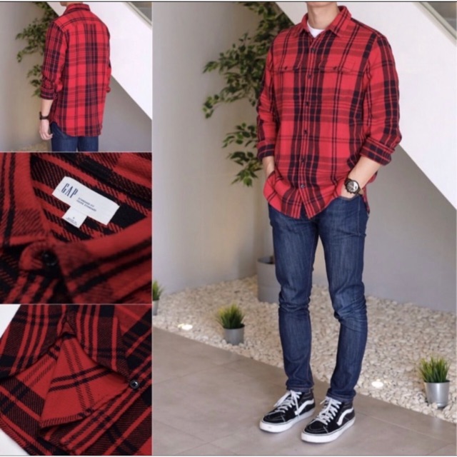 Áo Sơ Mi Vải Flannel Kẻ Sọc Ca Rô Đỏ Đen Thời Trang Trẻ Trung