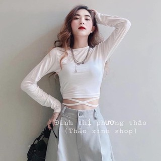 Áo croptop buộc bụng tay dài, cột dây eo tay dài
