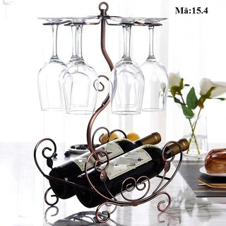 [ KHÔNG KÈM CHAI VÀ LY] Giá treo 6 ly kèm kệ đỡ chai phong cách Châu Âu màu đồng cổ điển :15.4