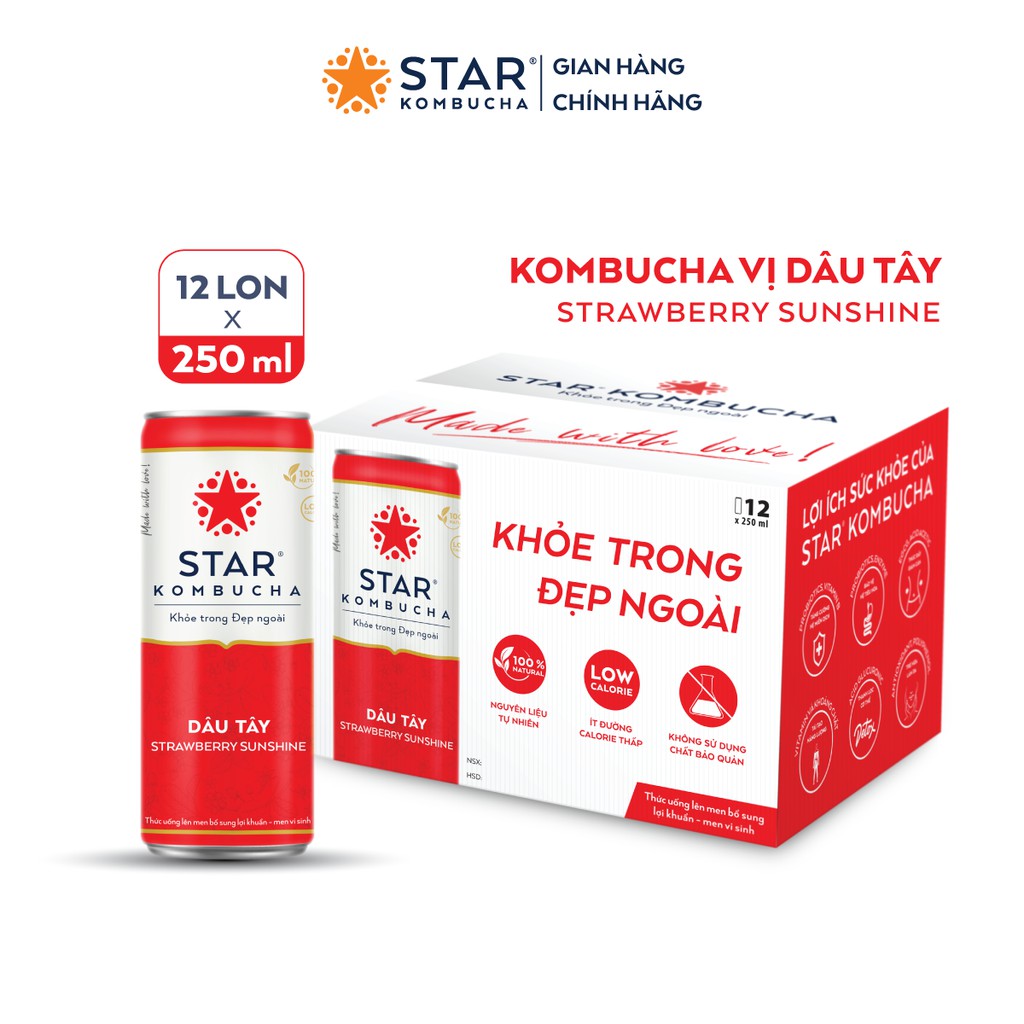 Thùng 12 lon STAR KOMBUCHA Dâu Tây / Strawberry Sunshine (250ml/lon) - Trà lên men vi sinh chứa probiotics