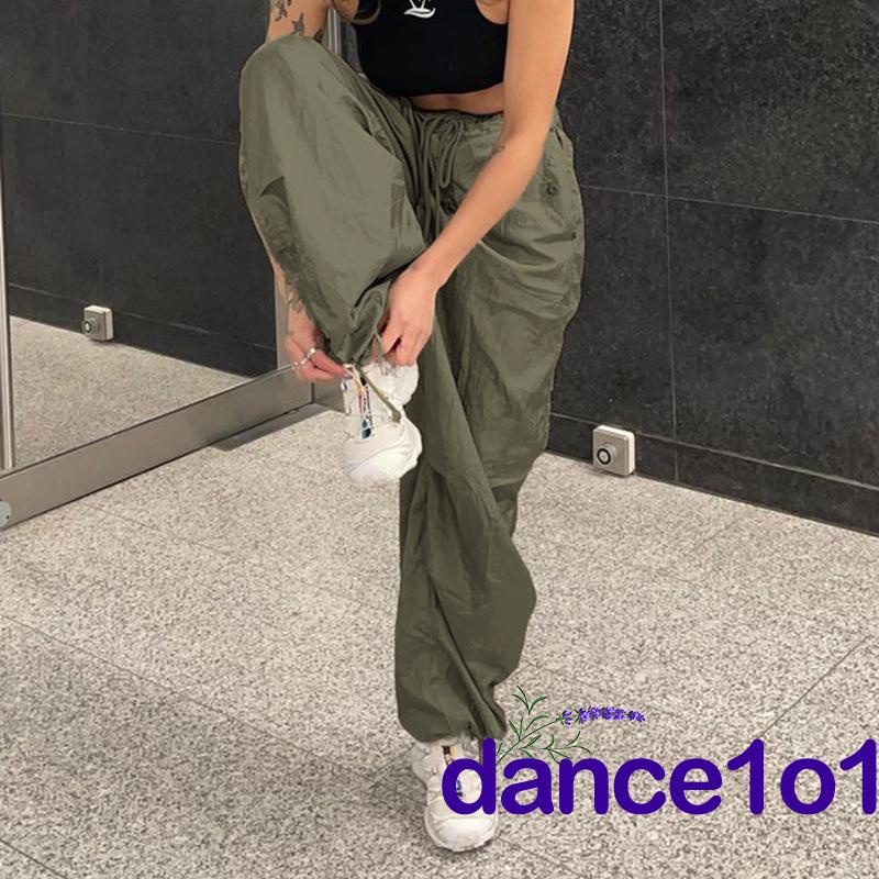 dance1o1-Y2K Harajuku Women´s Solid Color Elastic Waist Tie-Up Side Pockets Loose Fit Trousers