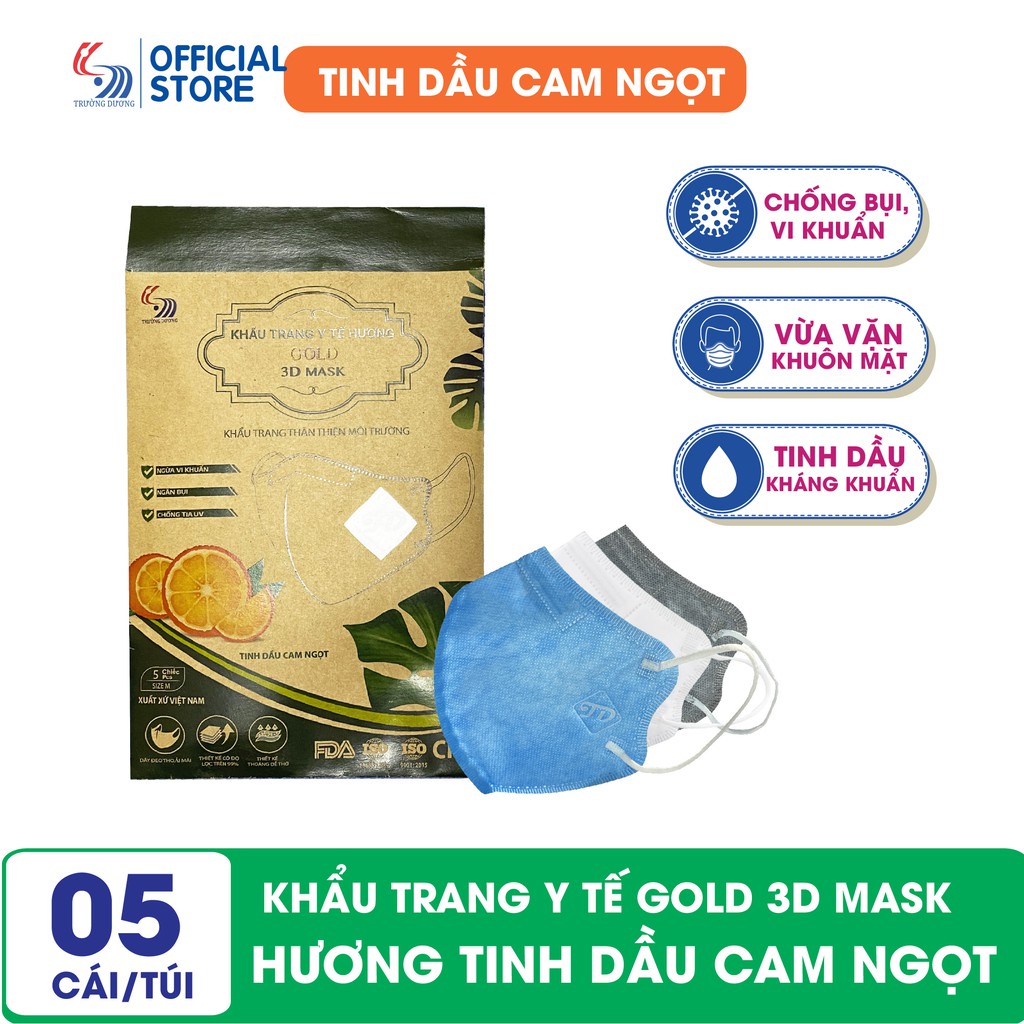 Khẩu trang y tế hương tinh dầu Cam ngọt Gold 3D Mask - Túi 5 cái