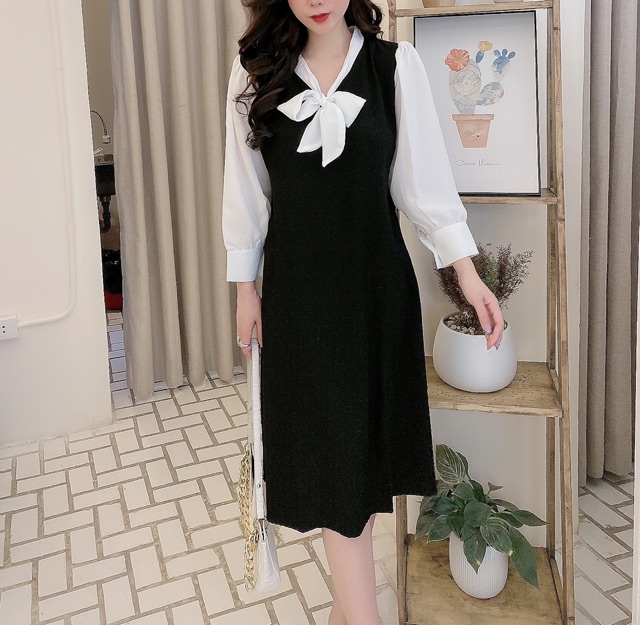 Váy đũi nơ dài tay phối mầu sang chảnh | BigBuy360 - bigbuy360.vn
