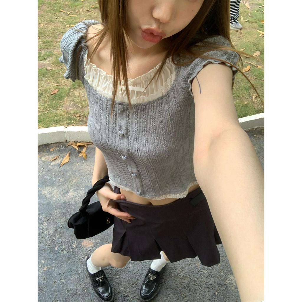 Ethelgirl Áo Thun Tay Ngắn Phối Ren Thời Trang Cho Nữ