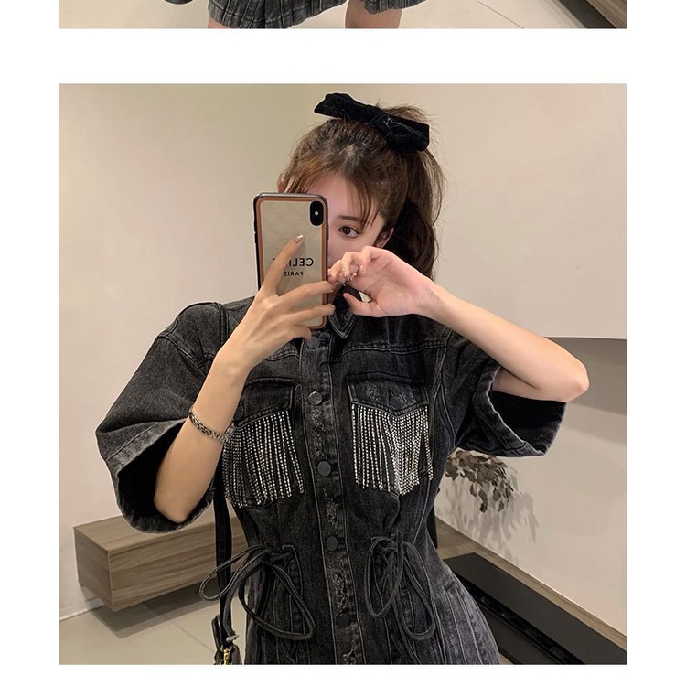 French style black denim skirt tasted waist a word polo dress summer 2022 new style