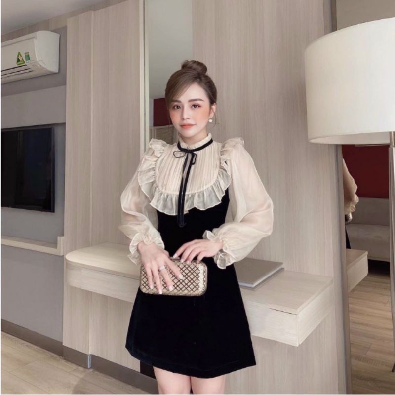 Đầm tay dài phối có  dây thắt nơ cổ #